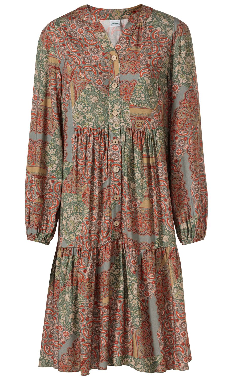 Viskose-Kleid mit langem Arm, Knopfleiste vorne, gerafftem Taillenbereich, Paisley-Muster in Rot, Grün, Beige und Grau, locker fallend, leicht ausgestellter Rock, elastische Ärmelbündchen