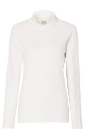 weißes Baumwoll-Shirt mit langem Arm und Rollkragen, schlichtes Design, einfarbig, gerade geschnitten, ohne Muster oder Aufdruck, isoliert vor weißem Hintergrund