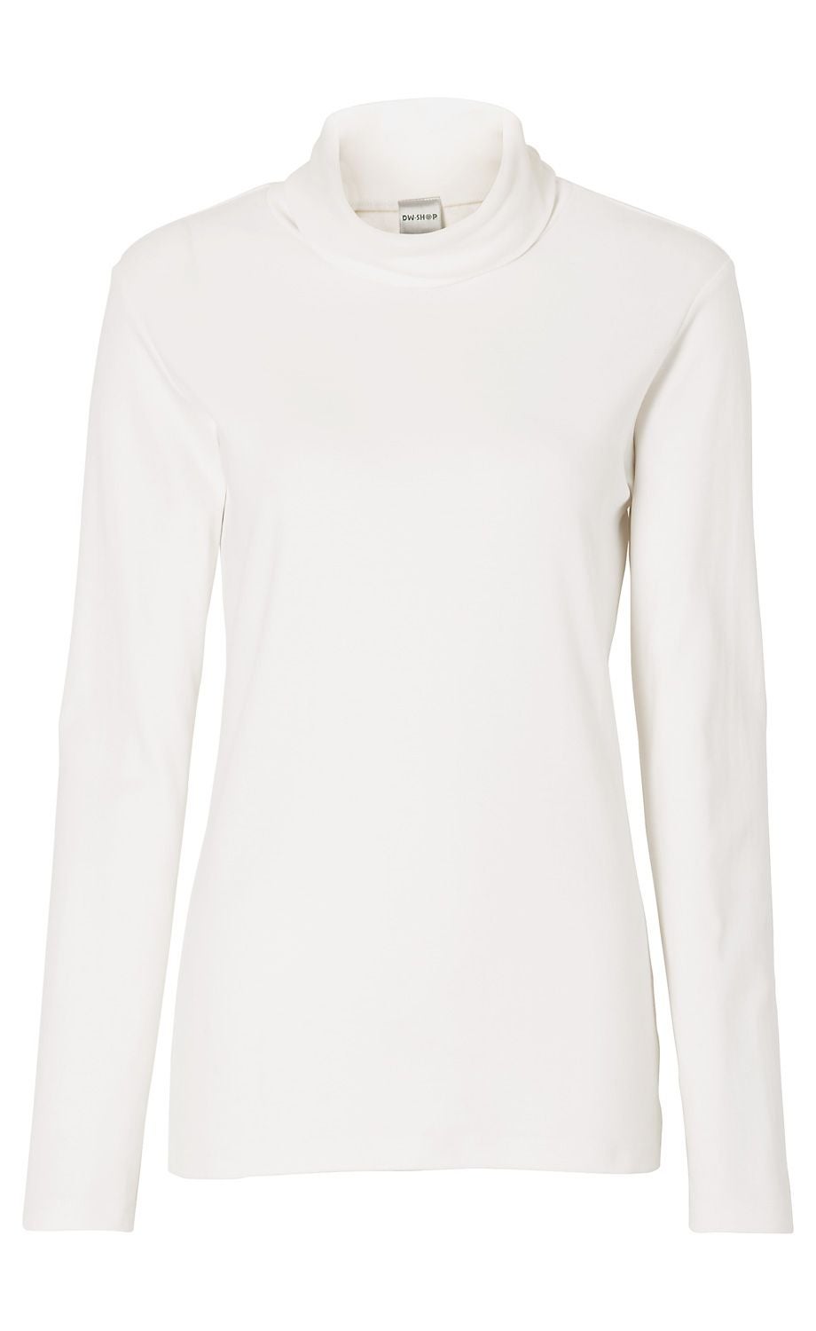 weißes Baumwoll-Shirt mit langem Arm und Rollkragen, schlichtes Design, einfarbig, gerade geschnitten, ohne Muster oder Aufdruck, isoliert vor weißem Hintergrund