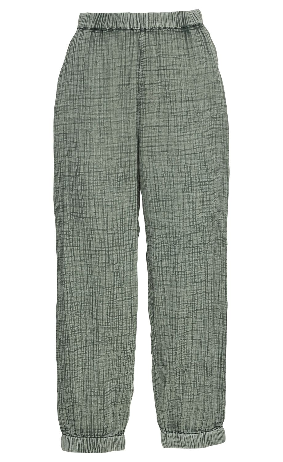 Baumwoll-Hose in grün mit elastischem Bund und Bündchen am Saum, leicht strukturierter Stoff mit kariertem Muster, lockere Passform, angenehm und bequem für den Alltag geeignet