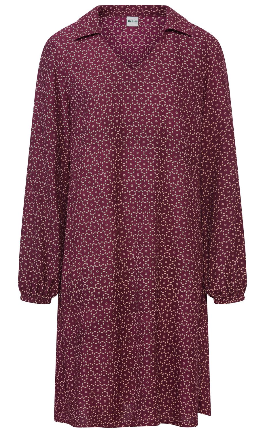 lila langärmeliges Kleid mit kleinem hellrosa geometrischem Muster, V-Ausschnitt, Hemdkragen und leicht gerafften Ärmelenden