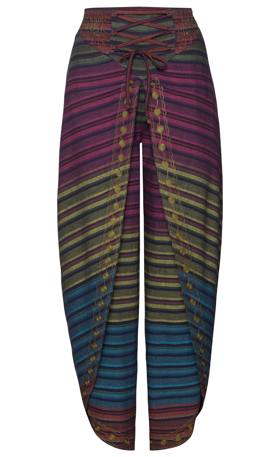 Baumwoll-Hose mit bunten horizontalen Streifen in Blau, Grün, Rot und Violett, hoher Bund mit Schnürung vorne, verziert mit gelben Punktsalz-ähnlichen Mustern entlang der Beine, locker geschnitten, offen gesäumt am Saum
