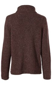 dunkelbrauner Woll-Mix-Pullover mit feinem mehrfarbigem Melange-Effekt, langer Ärmel, geripptem Stehkragen und geripptem Saum, Rückansicht, schlichte und warme Strickware