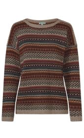 Alpaka-Pullover mit Rundhalsausschnitt, langärmlig, gemustert in Erdtönen wie Beige, Braun, Dunkelrot, Türkis und Dunkelgrün, feine Strickqualität, gerader Schnitt, Design mit horizontalen Streifen und geometrischen Mustern.