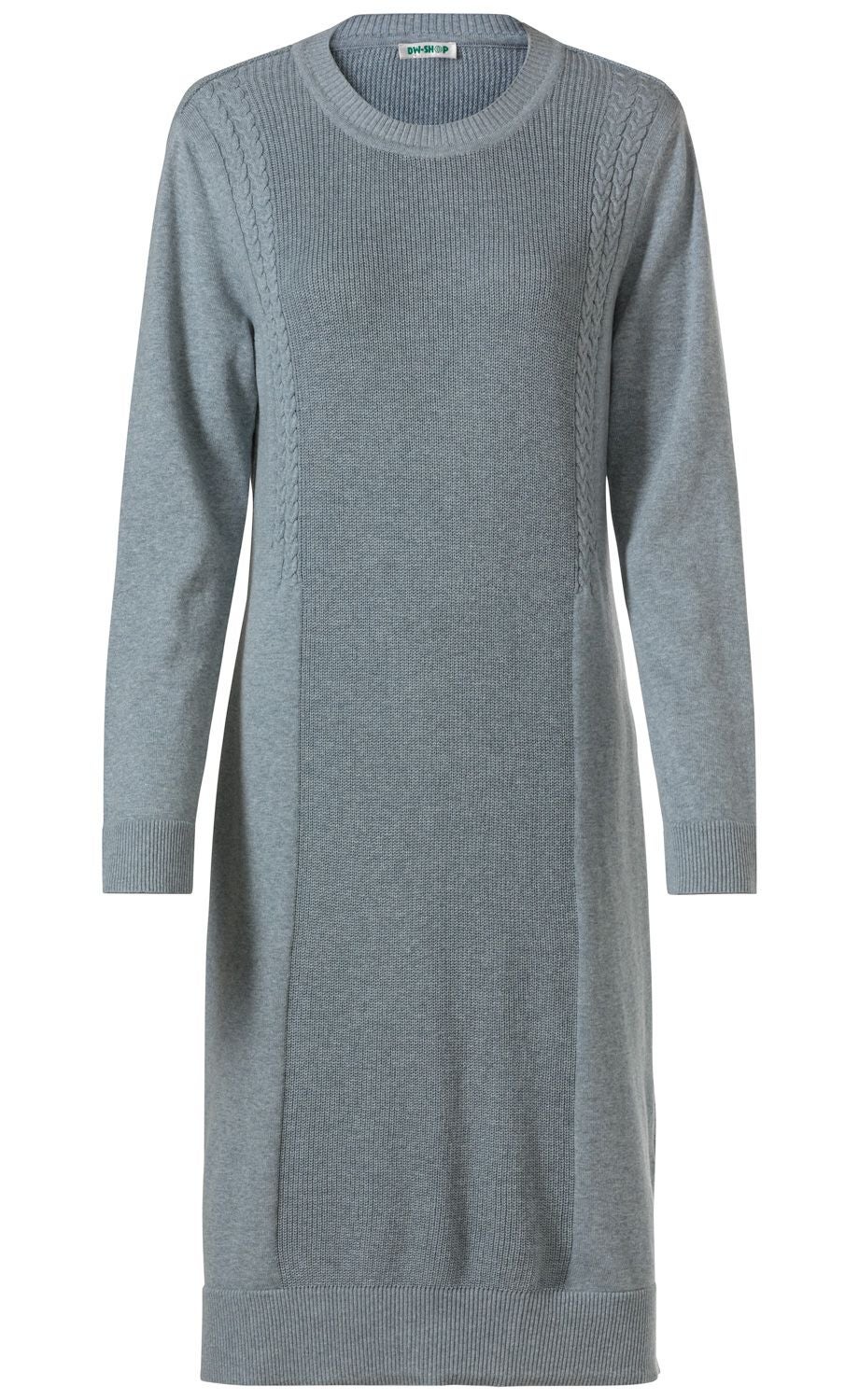 Baumwoll-Mix-Kleid in Hellgrau mit Langarm, Rundhalsausschnitt, geradem Schnitt, seitlichen Zopfmuster-Strickdetails und Rippbündchen an Ärmeln und Saum