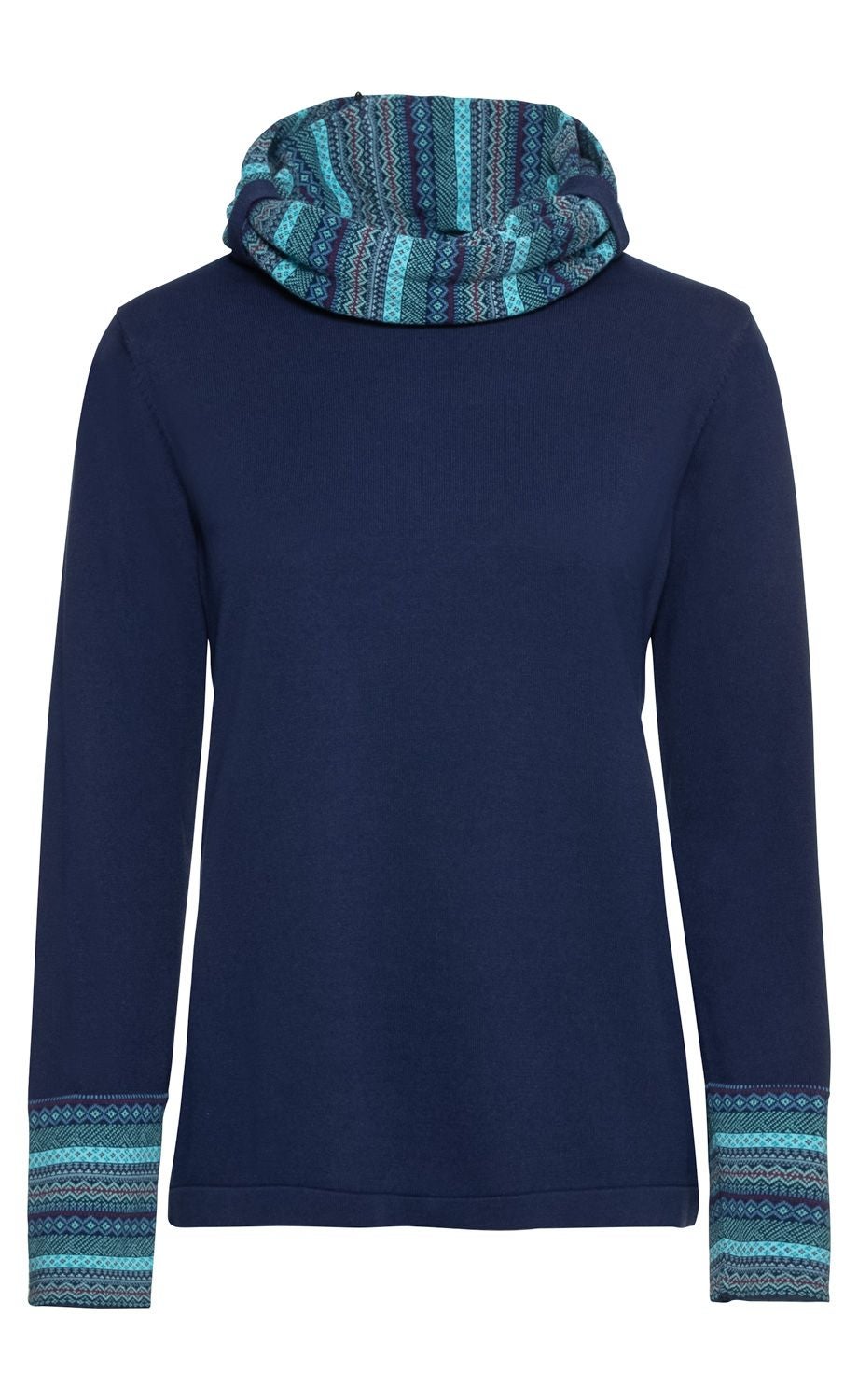 Dunkelblauer Baumwoll-Pullover mit langem Ärmel, großer gemusterter, gefalteter Rollkragen und passende gemusterte Ärmelbündchen in Blau- und Türkistönen, einfacher Schnitt, ohne Knöpfe oder Reißverschluss
