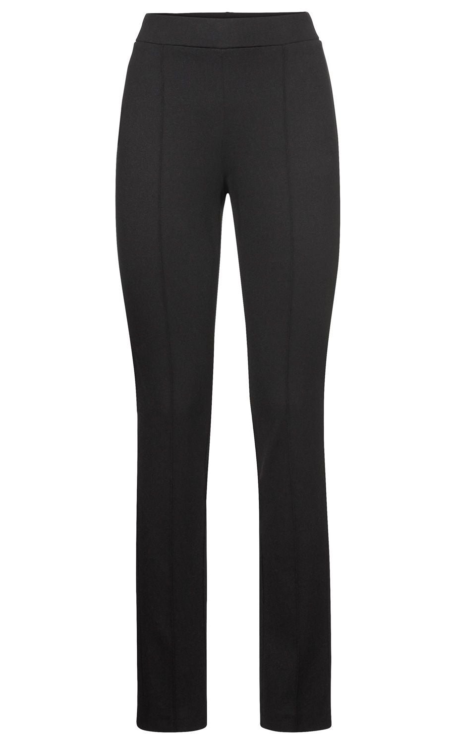 Schwarze Viskose-Mix-Hose mit geradem Bein, elastischem Bund und sichtbarer Bügelfalte, ohne sichtbare Taschen oder Verschlüsse, glatte Oberfläche, klassische Passform.