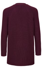 Rückansicht einer dunkelroten Baumwoll-Strickjacke mit feiner, gleichmäßiger Struktur, langen Ärmeln und rundem Halsausschnitt, locker fallend bis zur Hüfte.