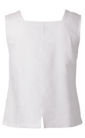 Weißes ärmelloses Leinen-Top mit eckigem Ausschnitt und Mittelnähte, leicht ausgestellte Passform, kleiner Schlitz am Saum, glatte Oberfläche, schlichtes Design