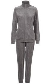 Baumwoll-Hausanzug, grauer Freizeitanzug mit Reißverschlussjacke und elastischer Bundhose, Langarm, Stehkragen, weicher, leichter Stoff, komfortabel und gemütlich, für Damen