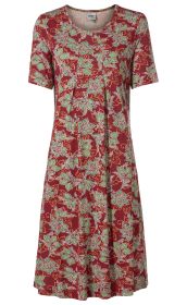 Viskose-Kleid in Rot, kurzärmelig, mit grün-weißem Blumen- und Blättermuster, Rundhalsausschnitt, knielang, lockere Passform