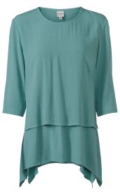 Viskose-Tunika in Türkis, 3/4-Ärmeln, rundem Halsausschnitt, strukturierter Stoff, zweiteiliger Look mit kurzem Oberteil und längerer, asymmetrischer Unterseite