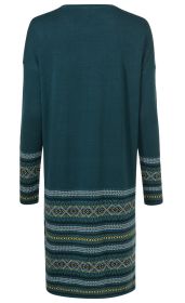 Baumwoll-Mix-Kleid in Dunkelgrün, lange Ärmel, gerader Schnitt, Mustersäume und Ärmelenden mit Streifen und geometrischen Mustern in Hellblau, Gelb und Schwarz, Rückansicht ohne Verzierungen oben
