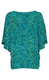 Viskose-Bluse in Türkis mit lockerem Schnitt, halblangen Ärmeln und floralem Muster in Gelb- und Blautönen, hinten abgebildet.