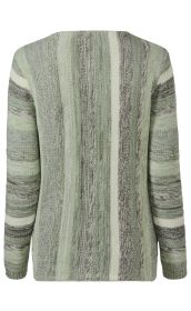 Baumwoll-Pullover, Rückansicht, langärmlig, gestrickt mit verschiedenen Strickmustern, horizontale und vertikale Streifen in Grün- und Grautönen, leicht taillierte Passform, gerippte Bündchen, keine sichtbaren Verschlüsse oder Verzierungen