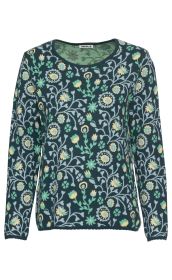 Baumwoll-Pullover mit rundem Halsausschnitt, langärmlig, dunkelgrün mit gelb-grünem und hellblauem Blumenmuster, leicht gewellte Saumkanten, eng anliegend, für Damen