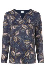 Damenlangarmshirt mit V-Ausschnitt, dunkelblauem Grundton und floralem Blattmuster in Pastellfarben wie Beige, Blau und Senfgelb, lockere Passform, leicht geraffte Bündchen