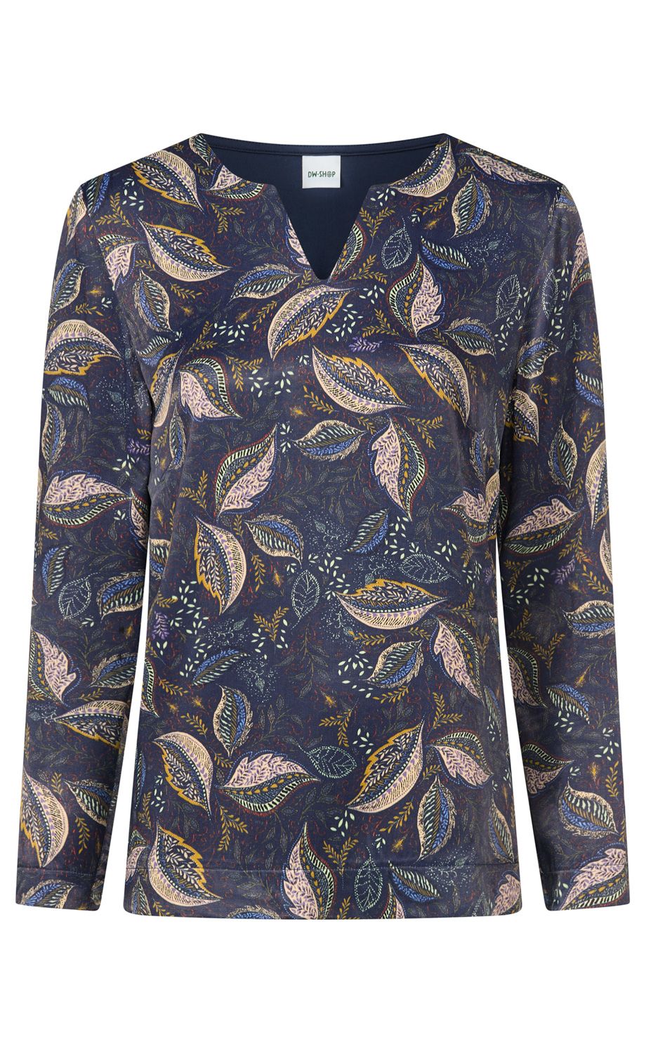 Damenlangarmshirt mit V-Ausschnitt, dunkelblauem Grundton und floralem Blattmuster in Pastellfarben wie Beige, Blau und Senfgelb, lockere Passform, leicht geraffte Bündchen