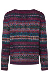 bunter gestrickter Pullover mit langen Ärmeln in dunklem Lila, Blau, Grün und Rot, mit geometrischem Norwegermuster