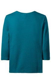 Baumwoll-Mix-Shirt in Petrol, Rückansicht, strukturiertes Wabenmuster, 3/4-Ärmel, gerade Passform, Rundhalsausschnitt, schlichtes Design, angenehmer Baumwollstoff