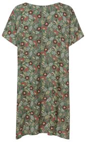 Viskose-Kaftan mit kurzen Ärmeln, grünem Grundton und floralen Mustern in Rot, Beige und Weiß, locker geschnitten, hinten dargestellt, leichter Fall, bequemes Design