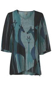 Modal-Bluse aus leichtem Stoff in Blau- und Schwarztönen mit abstraktem Giraffenmuster, V-Ausschnitt, 3/4-Ärmeln und asymmetrischem Saum
