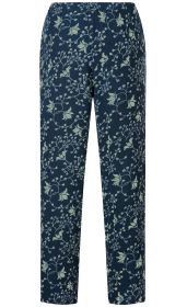 Dunkelblaue Viskose-Hose mit hellem floralen Muster, elastischem Bund, geradem Beinanschnitt, leicht strukturierter Oberfläche, legerer Passform, ohne sichtbare Taschen oder Verschlüsse.