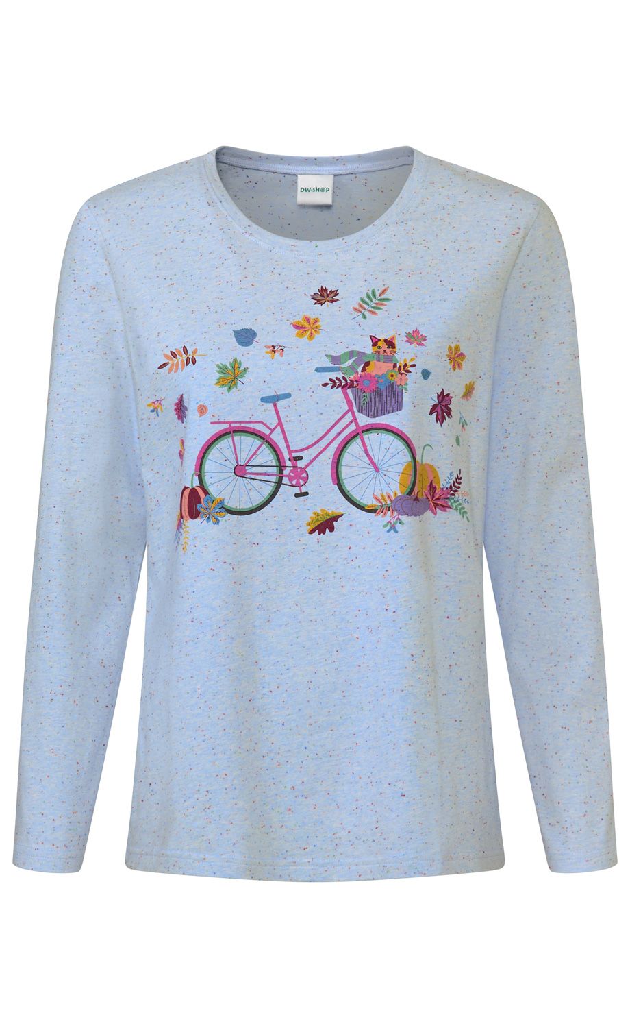 Hellblaues Langarmshirt mit bunten Fäden, darauf ein pinkes Fahrrad mit grünem Reifen, Korb mit Katze und Blumen sowie farbenfrohe Herbstblätter und Kürbisse rundherum