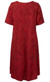 Rotes Viskose-Kleid mit halblangen Ärmeln, ausgestelltem Schnitt und floralem Muster in dunkleren Rottönen, Rückansicht