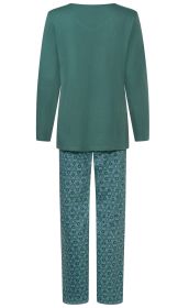 grüner Damen-Pyjama mit langärmligem Oberteil und gemusterten, locker sitzenden Hosen mit floralem und geometrischem Muster in verschiedenen Grüntönen und violetten Akzenten, Rückansicht