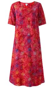 Rotes Viskose-Kleid mit halblangen Ärmeln, weiter Schnitt, rundem Ausschnitt, floralem Muster in Gelb, Blau und Weiß
