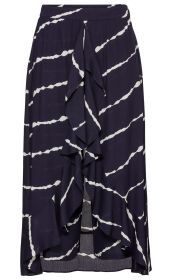 Dunkelblauer Viskose-Hosenrock mit weißem, diagonal verlaufendem Streifenmuster und asymmetrischem, mehrlagigem Volant-Design, elastischem Bund, knielang, fließender Stoff