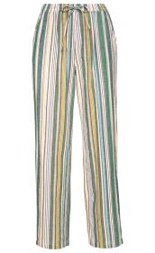 Baumwoll-Hose mit bunten vertikalen Streifen in Grün, Gelb, Blau, Braun und Weiß, geradem Schnitt, elastischem Bund und Kordelzug.