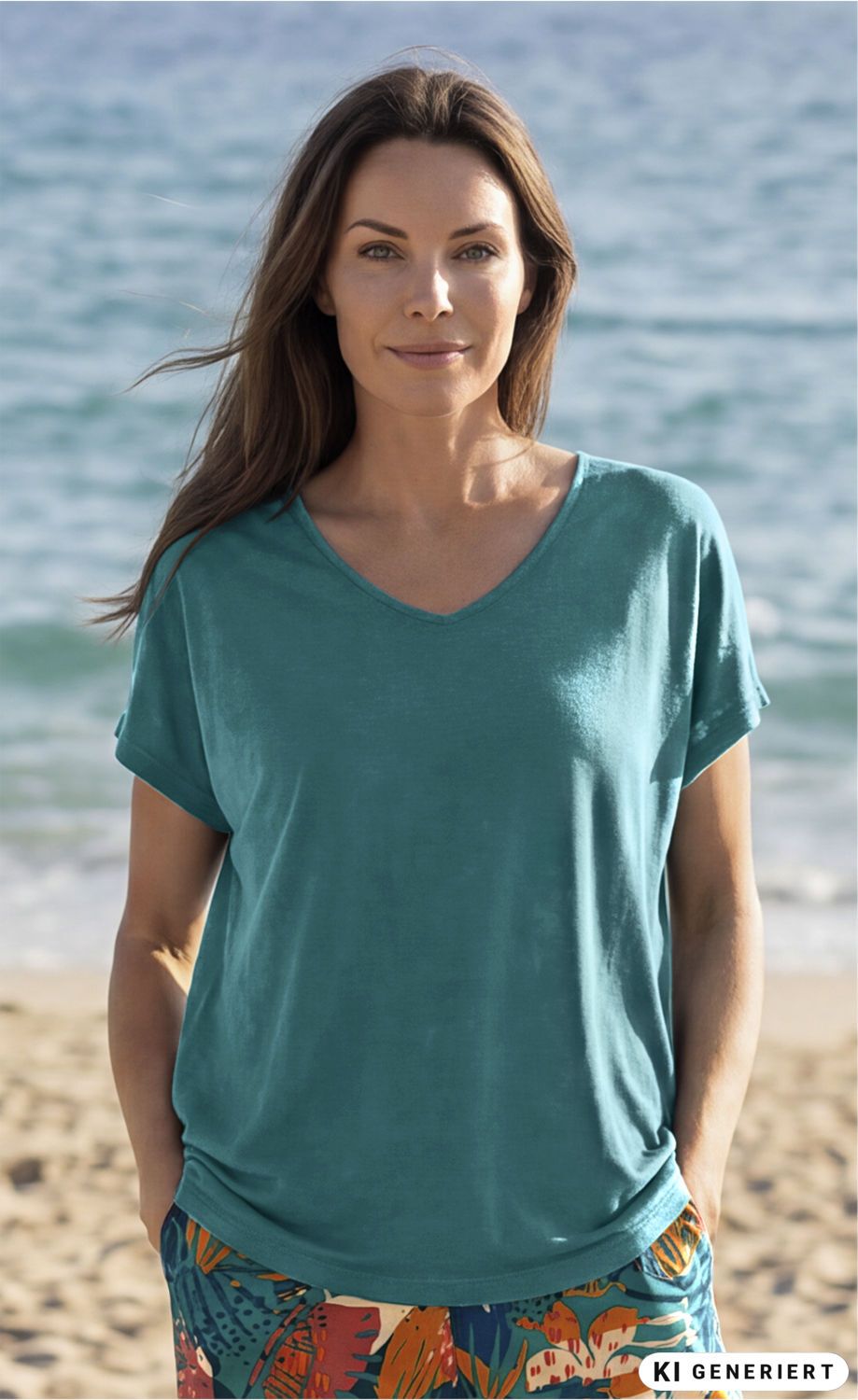 Frau am Strand trägt hellblaues Viskose-Shirt mit V-Ausschnitt und kurze Ärmel, kombiniert mit bunten Shorts in tropischem Muster, im Hintergrund Meer und Sand sichtbar
