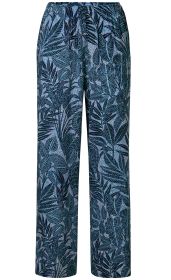 Viskose-Hose mit elastischem Bund, geradem Schnitt, blauem Hintergrund und dunkelblauem, detailliertem Blattmuster in verschiedenen Formen und Größen
