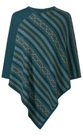 Baumwoll-Mix-Poncho in Petrol mit Raglanärmeln, diagonalen Streifen und Muster in Blau, Gelb und Schwarz, asymmetrischem Saum und geripptem Rundhalsausschnitt