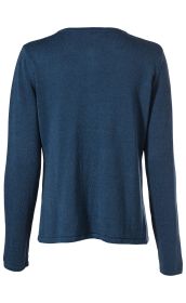 Dunkelblaue Leinen-Mix-Strickjacke, Rückansicht, langärmlig, feine Strickstruktur, schlichte Optik, gerader Saumabschluss, locker fallende Passform, keine Muster oder Verzierungen, casual Design