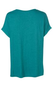 Rückansicht eines petrolfarbenen Viskose-Shirts mit kurzem Ärmel und rundem Halsausschnitt, schlicht und ohne Muster, locker geschnitten.