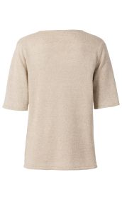 Beiger Leinen-Mix-Pullover mit kurzem Ärmel, geradem Schnitt und leichtem Strukturstrick, Rückansicht, klassischer Rundhalsausschnitt, komfortable Passform, sommerlich leichtes Material