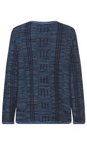 Baumwoll-Pullover in Blau mit schwarzem, vertikal gestreiftem Muster, Rundhalsausschnitt, langärmelig, Rückansicht, strukturierter Strickstoff
