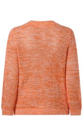 Rückansicht einer orange-weißen Baumwoll-Strickjacke mit feinem, lockerem Maschenmuster, langem Arm und rundem Halsausschnitt, gerade geschnitten.