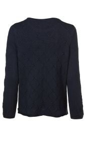 Baumwoll-Mix-Pullover in Dunkelblau, Rückansicht, langärmlig, mit Rautenmuster in feinem Strick, leichte Lochstickerei, gerade geschnitten, Rundhalsausschnitt