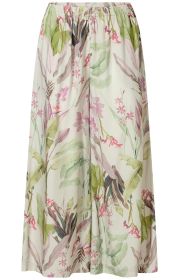 Viskose-Hose mit elastischem Bund, cremefarbener Grundfarbe, weitem Schnitt und floralem Muster in Grün, Rosa, Braun und Pink, lange Hose mit sommerlichem Design