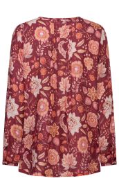 Damenbluse mit langem Arm, bordeauxrotem Grund und floralem Muster in Orange, Rosa und Creme, mit Knopfmanschetten und feinen, vertikalen Nähten auf der Rückseite