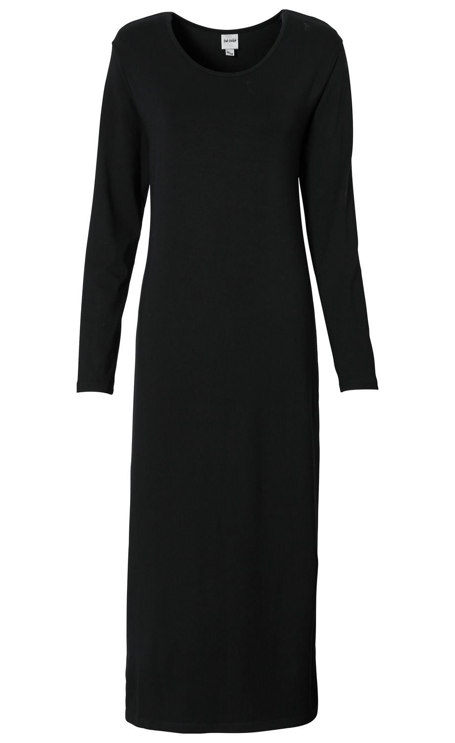 Schwarzes Viskose-Mix-Kleid mit langen Ärmeln, rundem Ausschnitt und knöchellangem, schmalem Schnitt