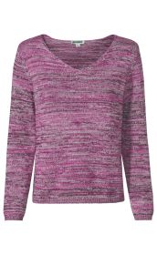 Baumwoll-Pullover mit V-Ausschnitt, langärmlig, in Melange-Optik aus verschiedenen Pink- und Lilatönen, gerippte Bündchen am Ärmelende und Saum, locker gestrickt, sportlich und komfortabel.