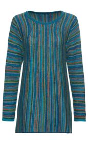 Alpaka-Pullover mit langen Ärmeln, Rundhalsausschnitt, breiter Passform, gestrickt in dünnen vertikalen Streifen in Blau-, Grün-, Rot- und Grautönen, weich und warm, ideal für kalte Tage