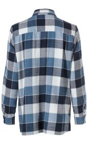 Rückansicht einer langärmligen Baumwoll-Bluse mit kariertem Muster in Blau-, Weiß- und Grautönen, mit Hemdkragen und Knopfmanschetten.