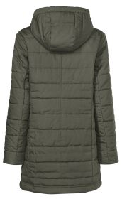 Dunkelgrüne, gesteppte Damenjacke mit Kapuze, langärmlig, tailliert, sichtbarer Rückenansicht, leicht gepolstert, mittellange Länge, schlichte Optik ohne sichtbare Verschlüsse oder Muster.