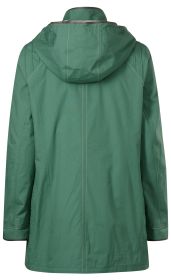 grüne Baumwoll-Jacke mit Kapuze, lange Ärmel, sichtbare hellbraune Nähte, locker geschnitten, Rückansicht, Ärmelbündchen mit dunkelbraunem Rand, hinten längere Passform, schlichtes Design